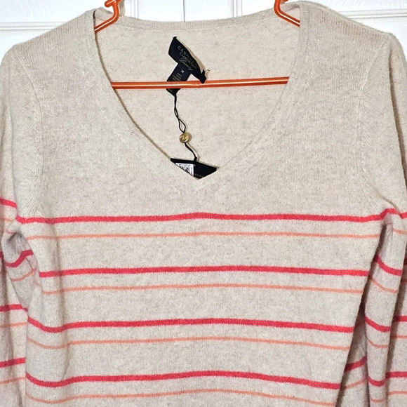 100% Cashmere Charter Club Striped Women's V-Neck Sweater Medium NWT Fringe Pink - Picture 3 of 9